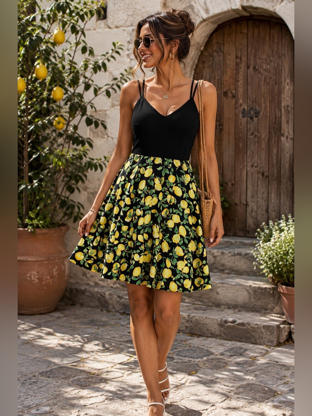 Black Lemon-Print Mini Dress with Strappy Back